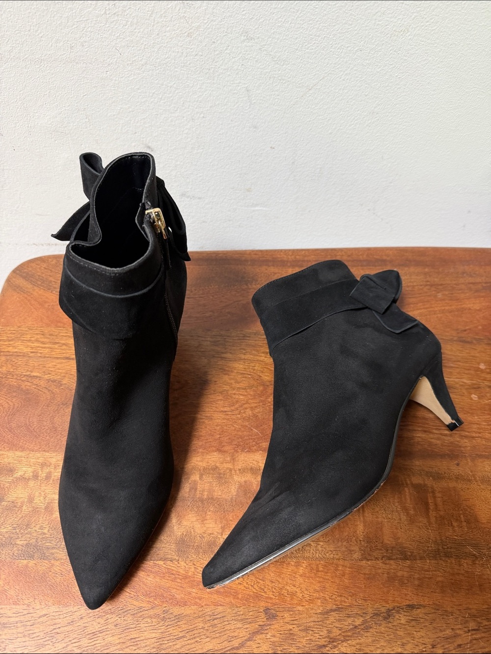Tahari Black Suede Pointed-Toe Ankle Boots with Bow Detail Kitten Heel
